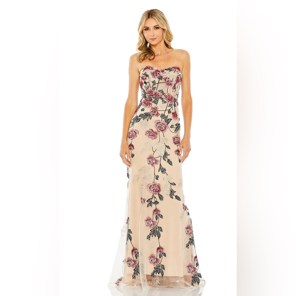 Mac Duggal Blush Mesh Strapless Gown with Pink Floral Embroidery
